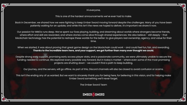 Ember Sword Discontinued Despite Raising Millions