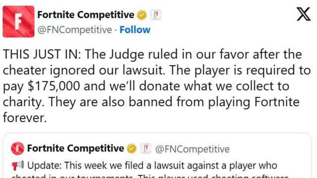 Epic Games Fines Fortnite Cheater $175k