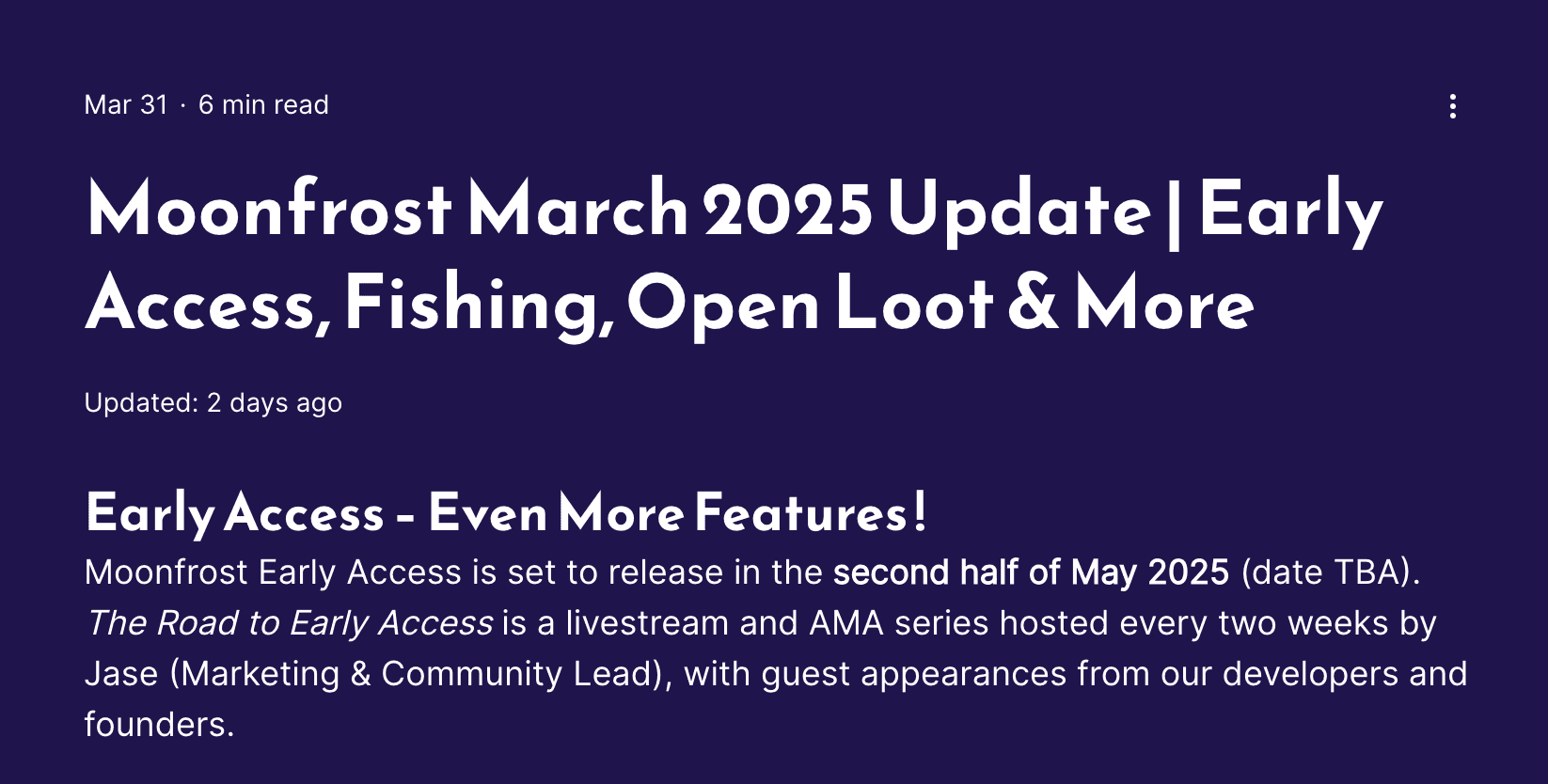 Moonfrost Major March Updates and Open Loot Integration