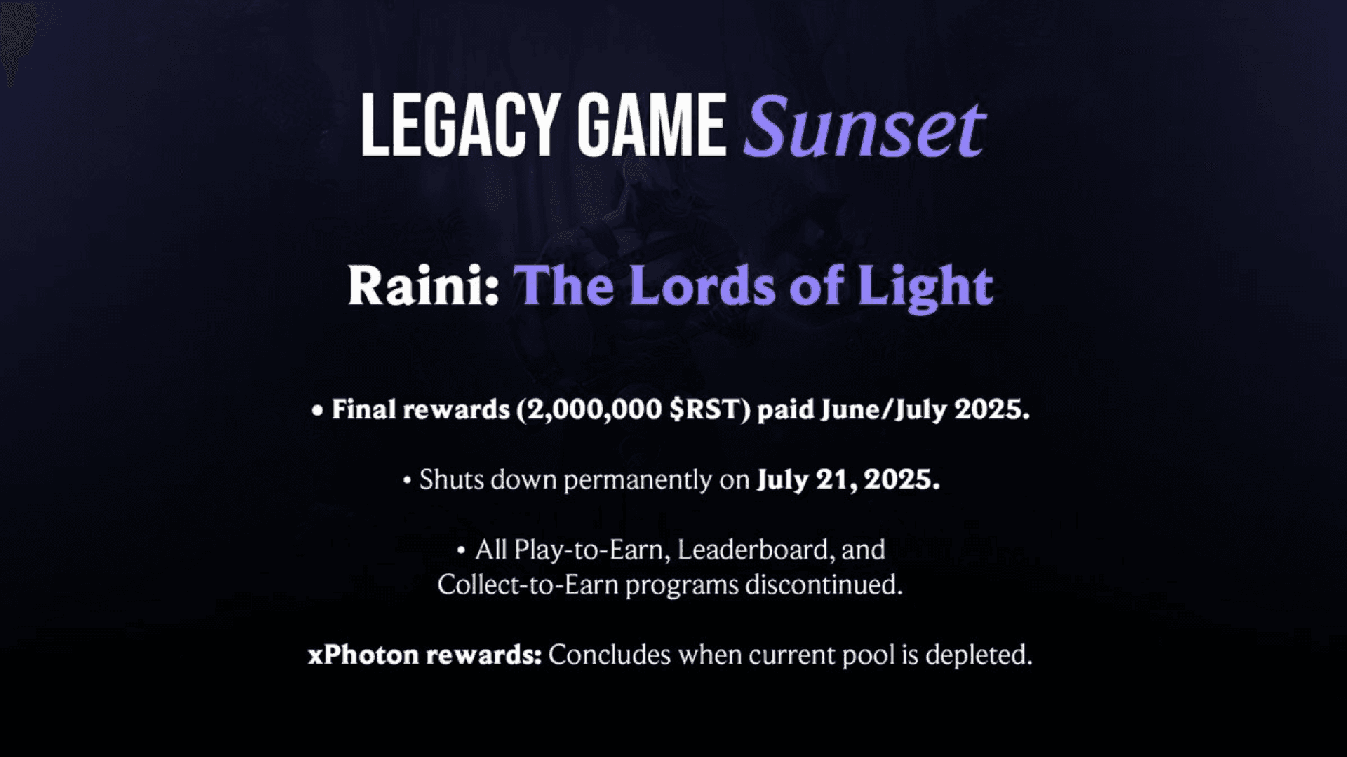 Raini: The Lords of Light Shutting Down