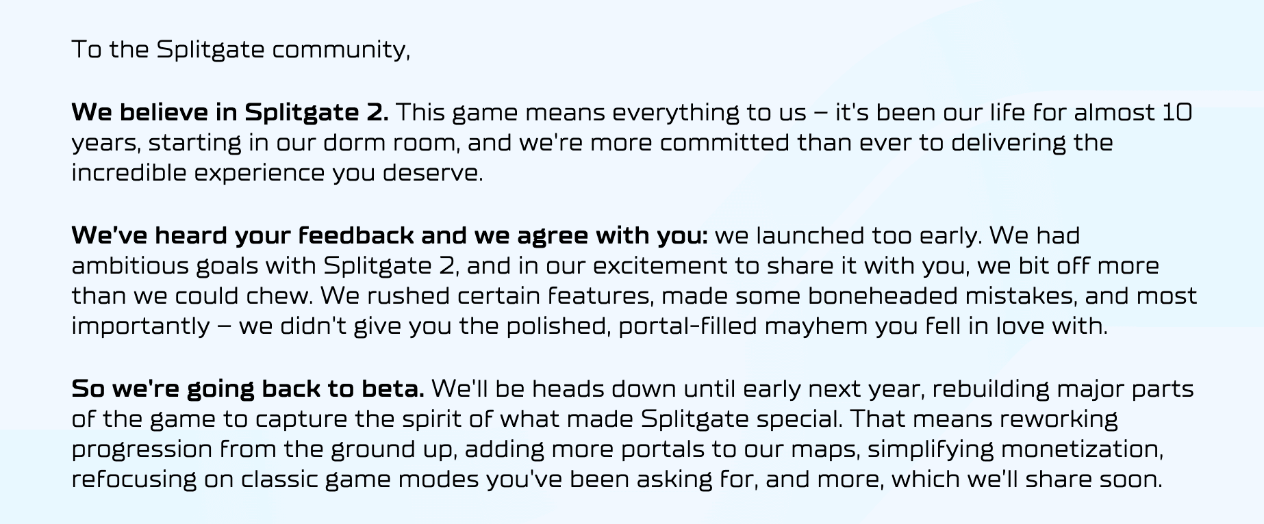 Splitgate 2 Is Going Back to Beta