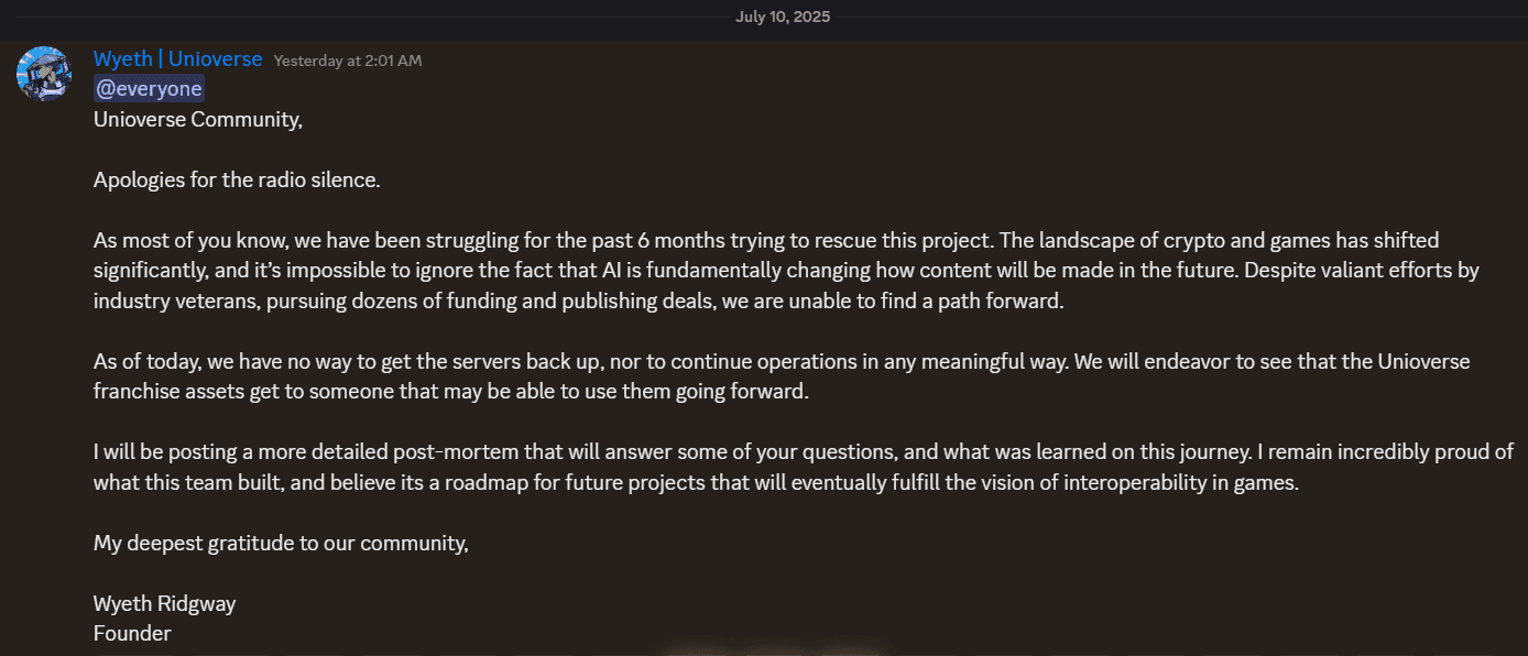 Unioverse Is Officially Shutting Down