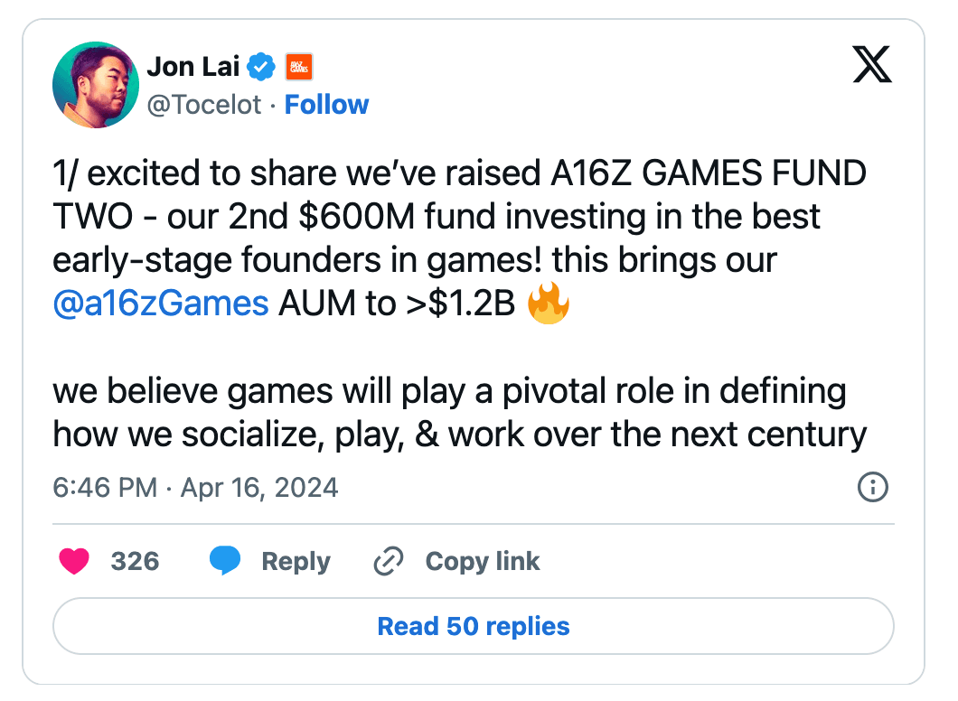 A16z Raises $600M Gaming Fund as Part of $7.2B Investment