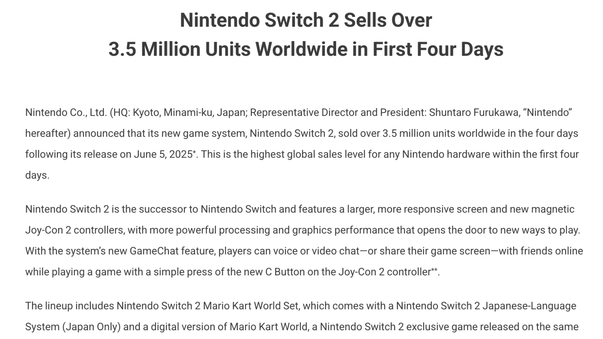 Nintendo Switch 2 Sells 3.5 Million Units