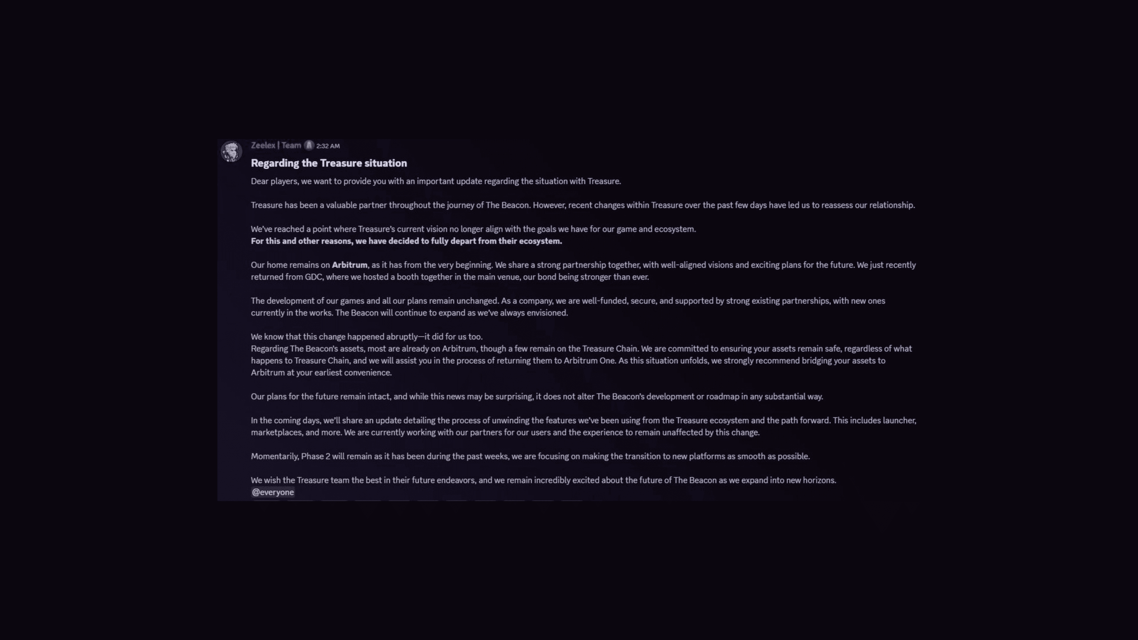 The Beacon Announces Departure from Treasure