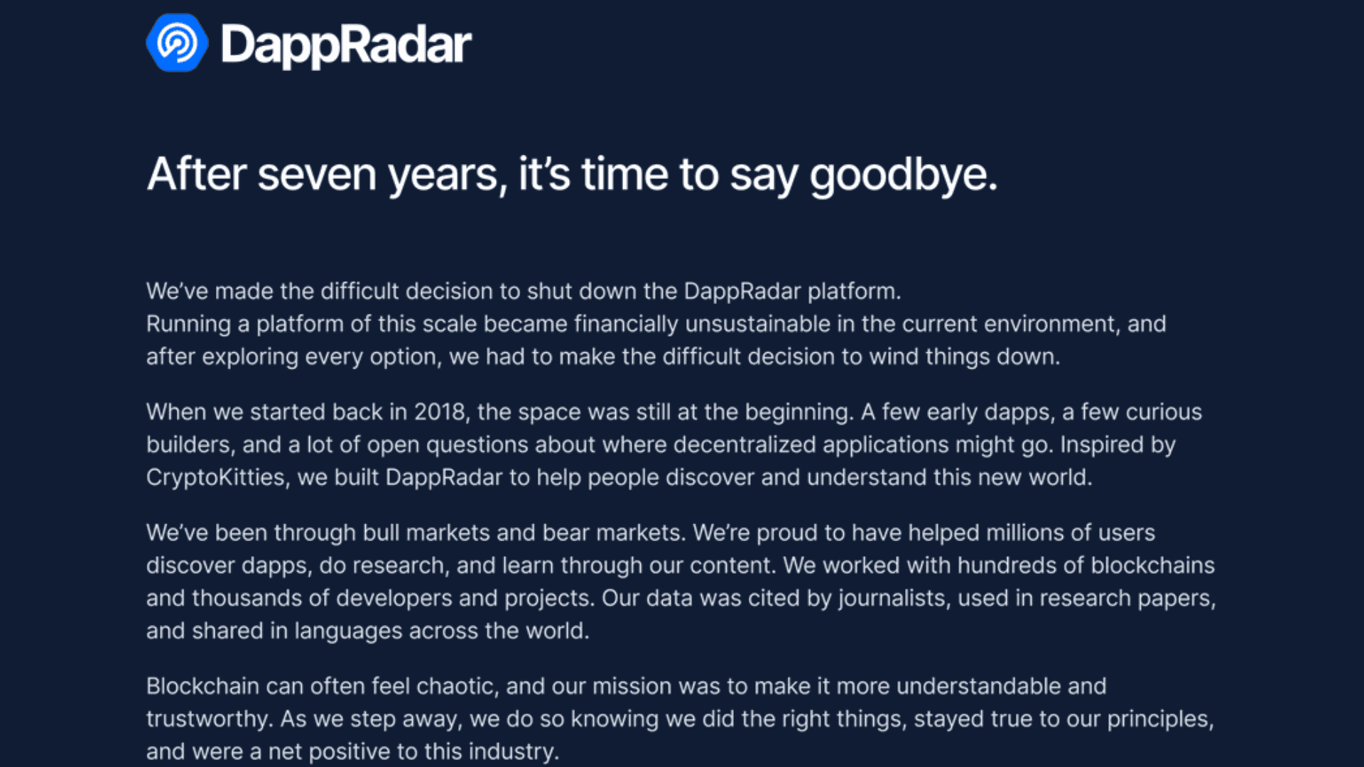 DappRadar Announces Shutdown