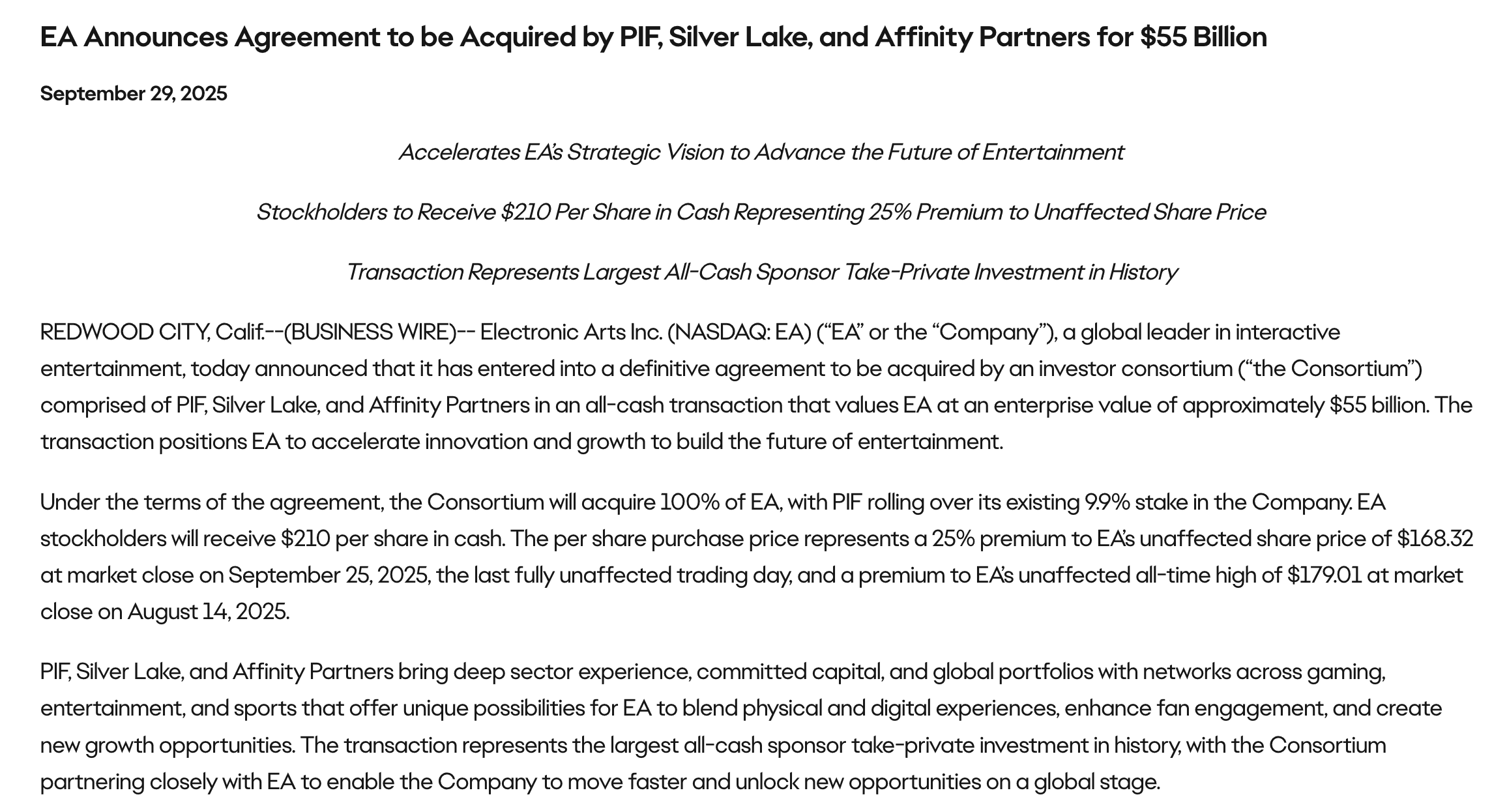 EA To Be Sold for $55 Billion