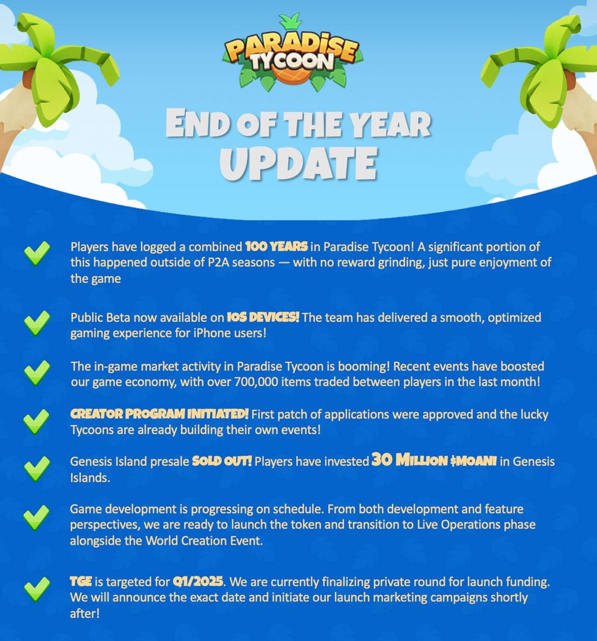 Paradise Tycoon End-of-Year 2024 Update: Progress and Future Plans